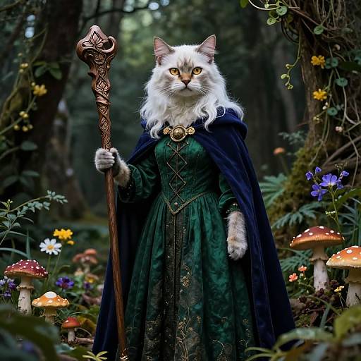 Photorealistic digital art of a white cat in a dark green dress and black cape, holding a ornate staff, standing in a vibrant forest with