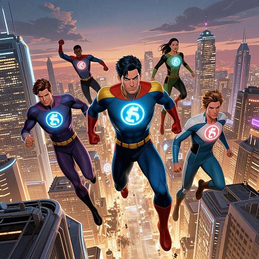 Superheroes Soaring Over Futuristic Cityscape