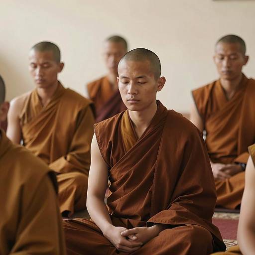 Serene Meditation of Buddhist Monks Indoors