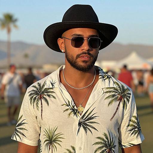 Photograph of a bearded man with dark skin wearing a black hat, sunglasses, white palm tree print shirt, and gold necklace, standing outdoors with