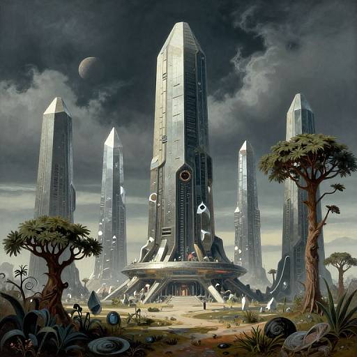 Digital art of futuristic, towering black skyscrapers with glowing symbols, surrounded by alien-like trees and plants, under a cloudy sky with a moon.