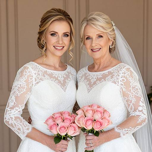 Photograph of two smiling blonde women in white lace wedding dresses holding pink rose bouquets, standing against a beige wall.