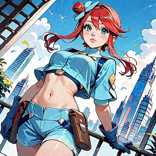 Red-Haired Anime Girl Cityscape Cowboy Shot