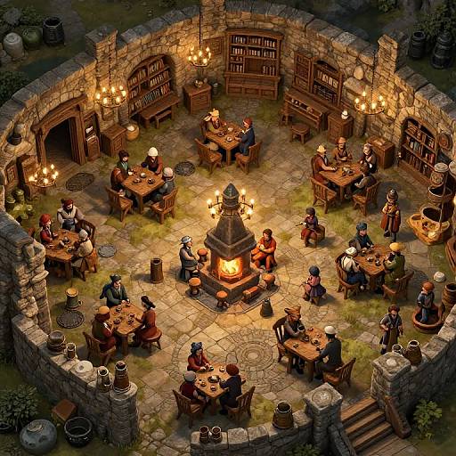 Aerial view of a warmly lit medieval tavern with a central fire pit, wooden tables, and stone walls, surrounded by robed guests. Digital art