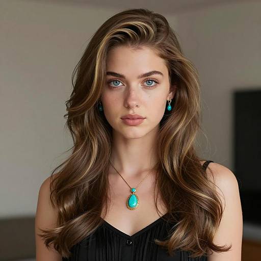 Young Woman with Long Wavy Hair and Turquoise Jewelry