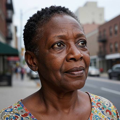 Photograph of an elderly African-American woman with short, curly hair, wearing a colorful floral top, standing on a city street with blurred buildings and pedestrians