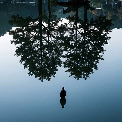 Photograph: Silhouetted person stands alone in calm, reflective water, with dark tree branches overhead, creating a serene, mirrored effect.