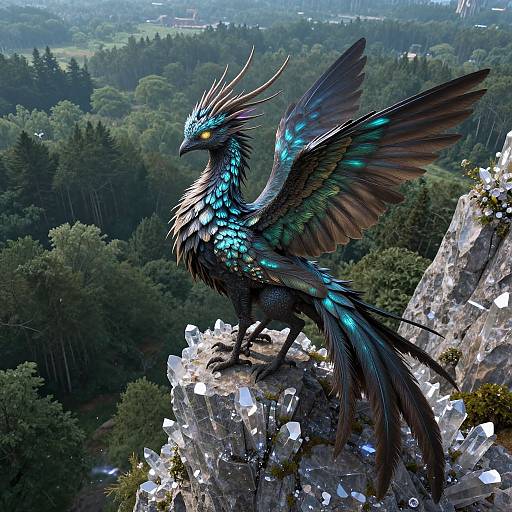 Digital fantasy artwork of a vibrant, blue-green, feathered dragon with glowing yellow eyes, perched on a rocky cliff overlooking a dense forest.