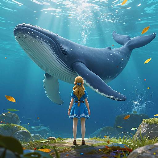 Digital art: Blonde girl in blue dress stands on underwater path, facing massive whale, surrounded by colorful fish and sunlight beams.