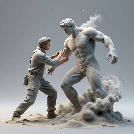 Photorealistic CGI: muscular, white marble statue of a nude, muscular man with flames, being pushed by a gray-clothed, determined man