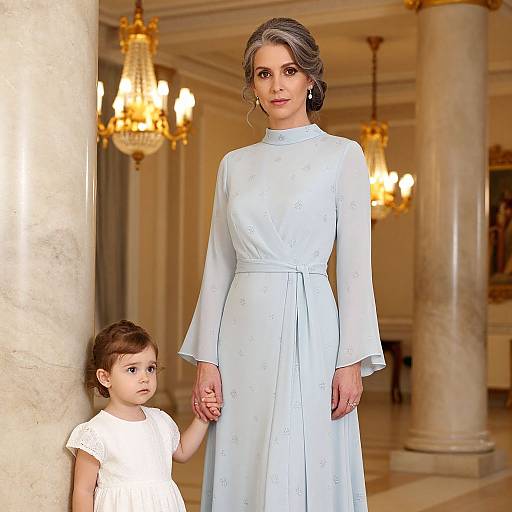 Photograph of a mature woman with gray hair in a white, long-sleeved dress holding the hand of a young girl in a white dress,