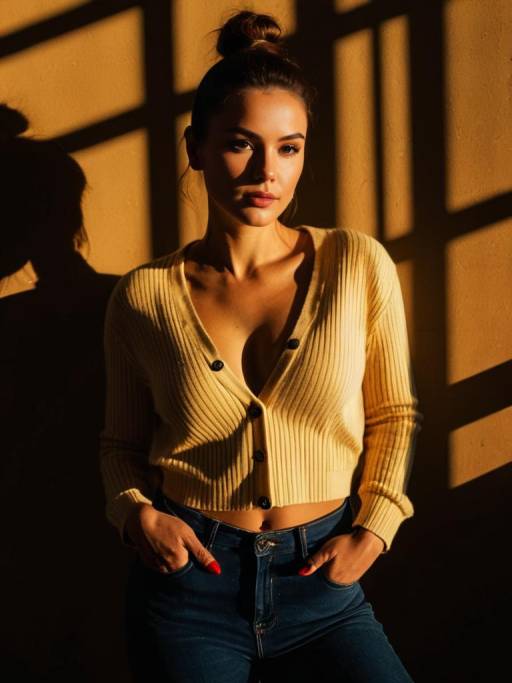 Woman in Beige Ribbed Cardigan and High-Waisted Jeans
