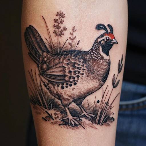 Detailed black and grey tattoo of a quail with red crown, surrounded by grass and small flowers on human skin.