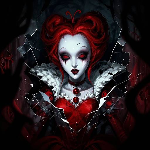 Digital painting of a pale, red-haired, sinister clown with blackened eyes, red lips, and a cracked, dark background, wearing a red heart