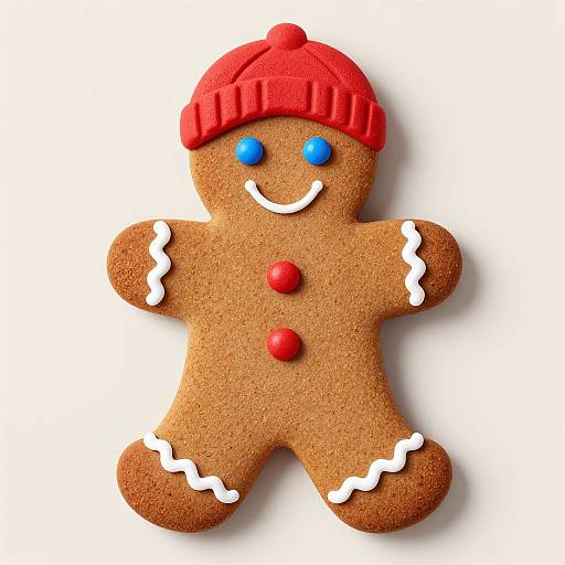 Photograph of a gingerbread cookie with a red hat, blue eyes, red buttons, white icing smile and arms, on a white background.