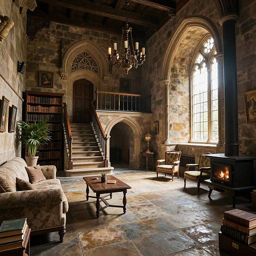 Photograph of a dimly lit, rustic stone-walled living room with arched windows, wooden staircase, chandelier, fireplace, armchairs