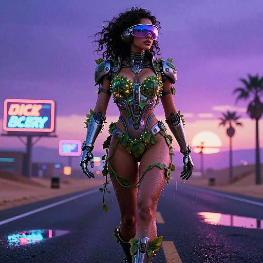 Digital artwork of a cyberpunk woman with curly hair, futuristic armor, neon visor, and leafy accents, walking on a wet, neon-l