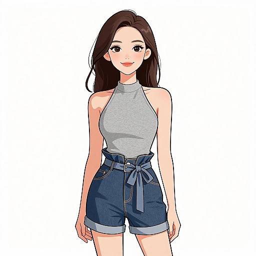 Digital anime-style drawing of a smiling young woman with long brown hair, wearing a gray halter top and high-waisted blue denim shorts with a