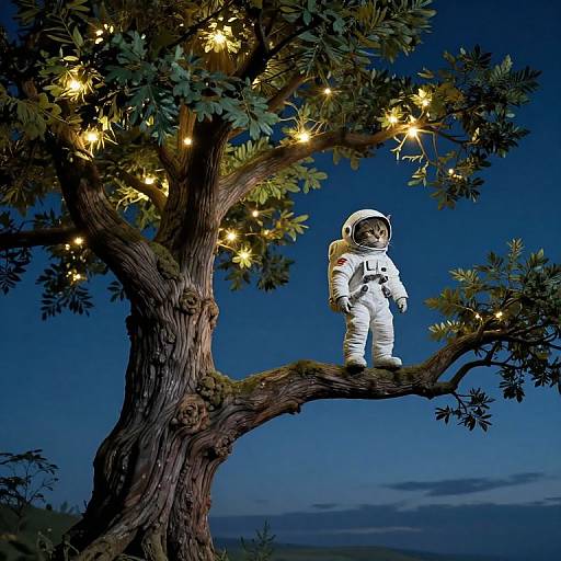 Photograph of a child in a white astronaut suit standing on a tree branch, illuminated by glowing fairy lights, against a twilight blue sky.