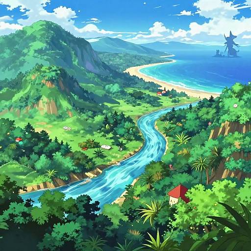 Vibrant digital painting of a lush tropical landscape with a winding blue river, green mountains, beach, and clear sky.
