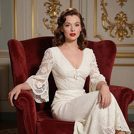 Photograph of a fair-skinned woman with red lipstick, wearing a white lace dress, sitting in a deep red velvet armchair, with ornate