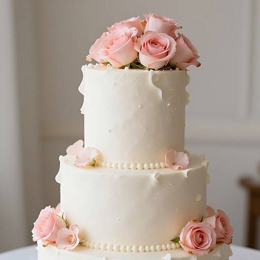 Photograph of a three-tiered white wedding cake with pink roses on top and sides, adorned with pearl beads, in a softly lit room.