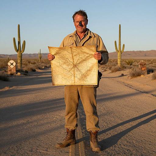 Middle-aged man in beige outfit holding map in desert with cacti, wearing sunglasses, boots, and hat, under clear blue sky. Photograph.