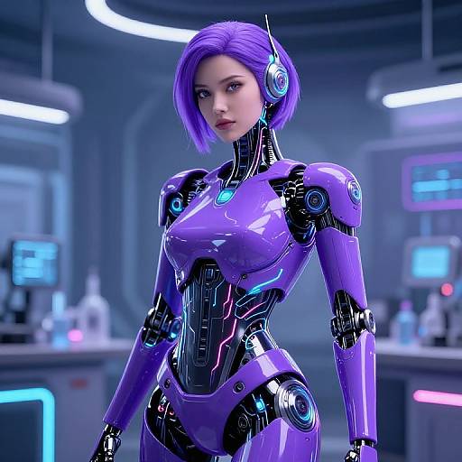 CGI image of a futuristic, purple-skinned woman with short purple hair, wearing a shiny, purple and black cybernetic suit, in a
