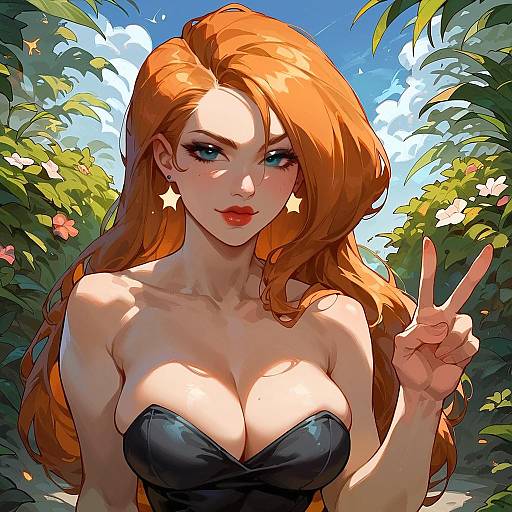Stylized Woman with Peace Sign in Garden