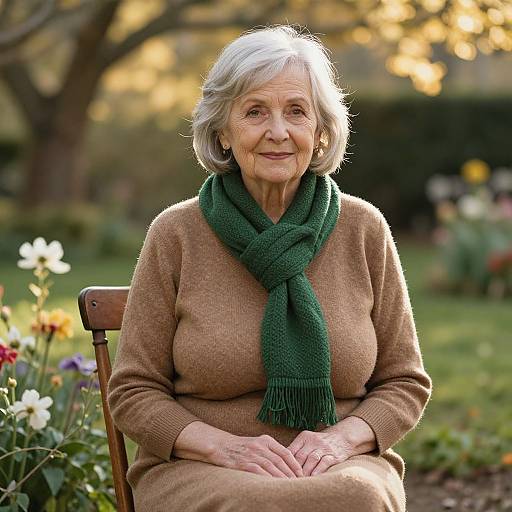 Photograph of an elderly woman with short white hair, wearing a brown sweater and green scarf, sitting outdoors in a garden.
