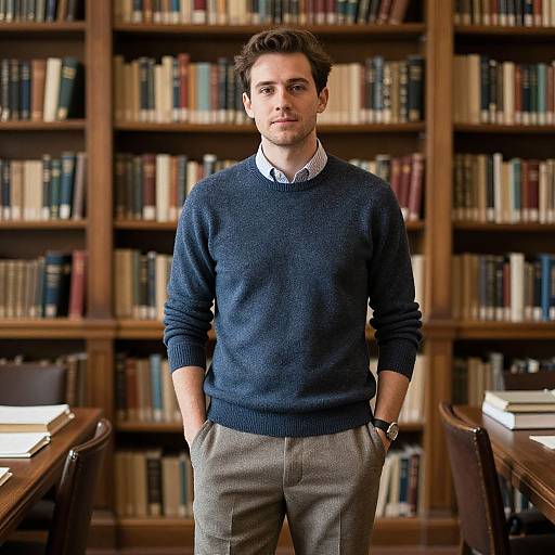 Photograph of a young man with dark hair, wearing a navy sweater, light blue shirt, and gray pants, standing in a wooden library with book