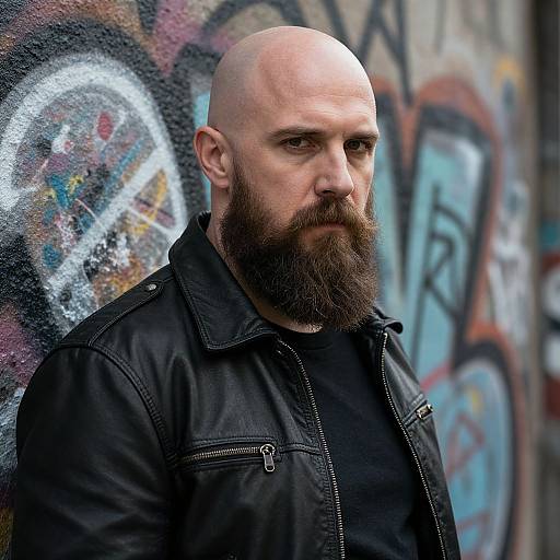 Photograph of a bald, bearded man with a serious expression, wearing a black leather jacket, standing against a graffiti-covered wall.