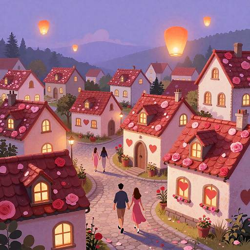 Whimsical digital painting of a quaint village with glowing houses, red-tiled roofs, pink roses, and floating lanterns at twilight. Two children