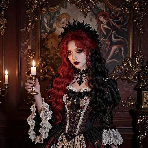 Gothic-style photograph of a pale, red-haired woman with black lace dress, holding candle, standing in ornate, dimly-lit room