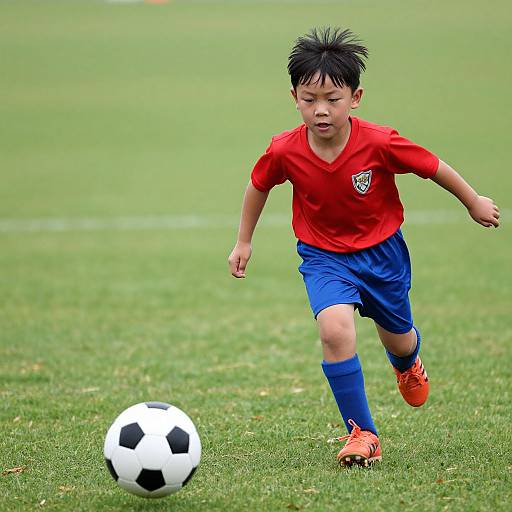 Photograph of a young Asian boy with spiky black hair, wearing a red soccer jersey, blue shorts, and orange cleats, running on green