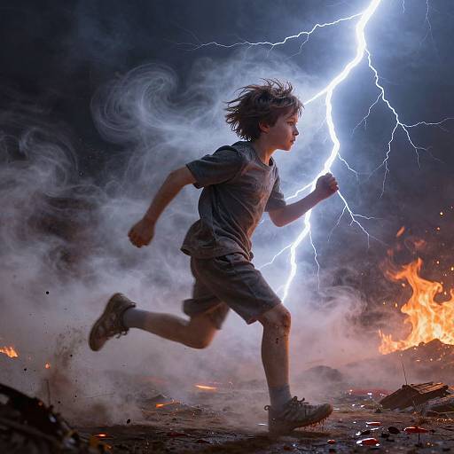 Photograph of a young boy with messy hair running through a stormy, fiery landscape, holding a bright lightning bolt in his hand. Smoky,