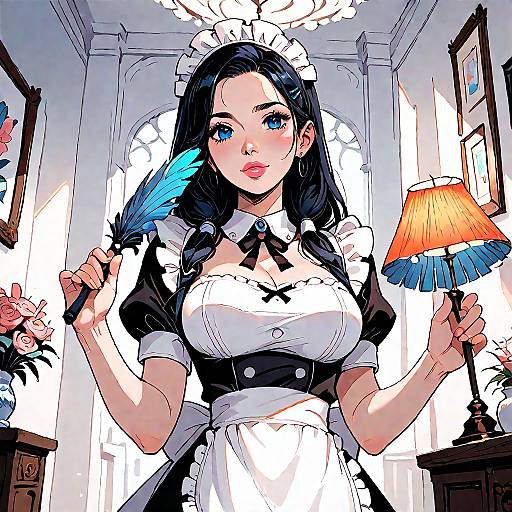 Digital comic-style illustration of a sexy, blue-eyed, black-haired maid with large breasts, holding a blue fan, in a brightly lit, Victorian-style