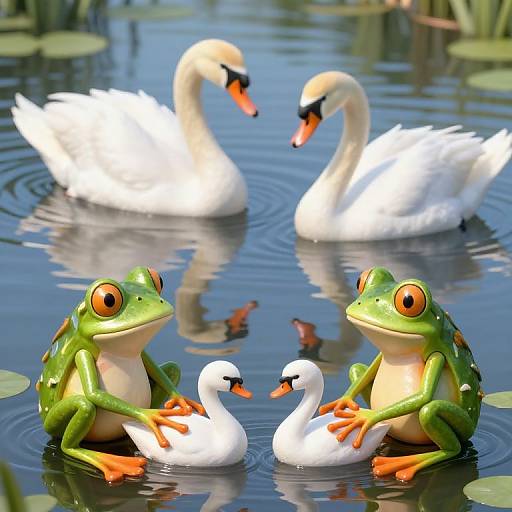 Photograph of two green frogs holding two white swans in a calm pond, with two more swans in the background.