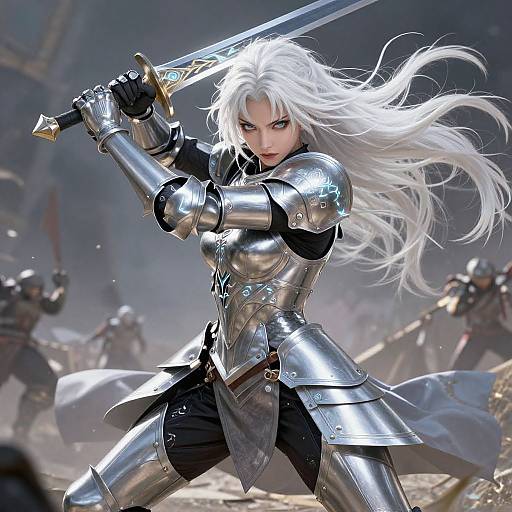 Digital art of a fierce white-haired female warrior in silver armor, wielding a sword, surrounded by blurred armored figures in battle.