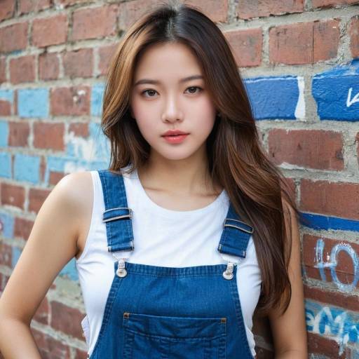 Asian Woman in Blue Denim Overalls Against Graffiti Brick Wall