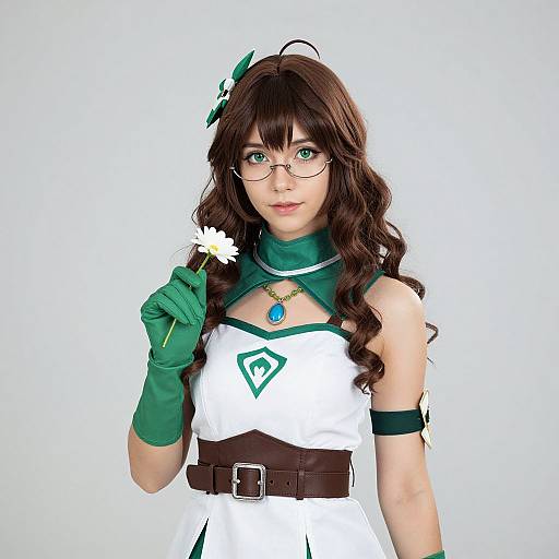 Photograph of a young woman cosplaying as a green-haired anime character with glasses, holding a daisy, wearing a white dress with green accents and