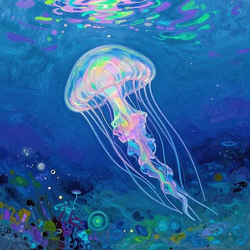 Vibrant digital painting of a glowing jellyfish with translucent, flowing tentacles amidst a deep blue underwater scene with colorful coral and bubbles.