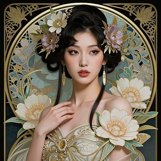 Digital art of an Asian woman with fair skin, black hair adorned with flowers, golden earrings, and intricate floral dress, set against a circular, orn