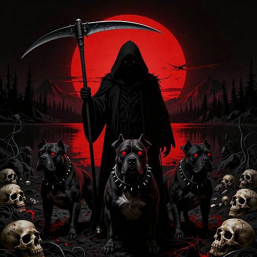 Dark, gothic illustration of a hooded figure with glowing red eyes, wielding a scythe, surrounded by snarling black dogs and skulls,