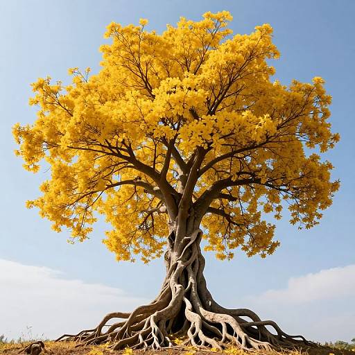 Photograph of a majestic tree with vibrant yellow leaves, intricate gnarled roots, and a clear blue sky background.