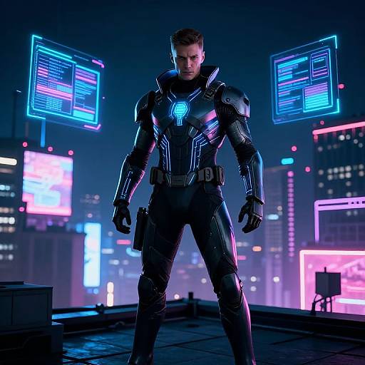 Cyberpunk Superhero on Rooftop