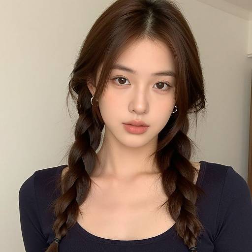Photograph of an East Asian woman with fair skin, dark brown hair in two braids, wearing a black top, and neutral expression, set against