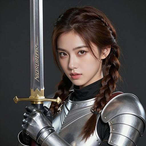 Young Woman in Silver Armor Holding Sword
