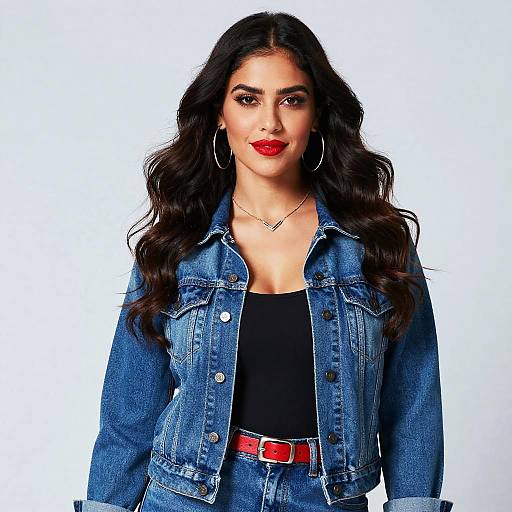 Photograph of a confident woman with long, wavy black hair, wearing a denim jacket, black top, red belt, red lipstick, and large