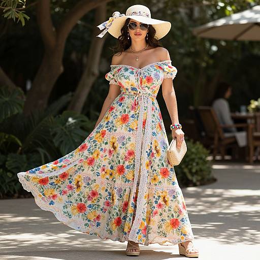 Photograph of a woman in a sunny garden wearing a white floral off-shoulder dress, wide-brimmed hat, sunglasses, and bracelets,